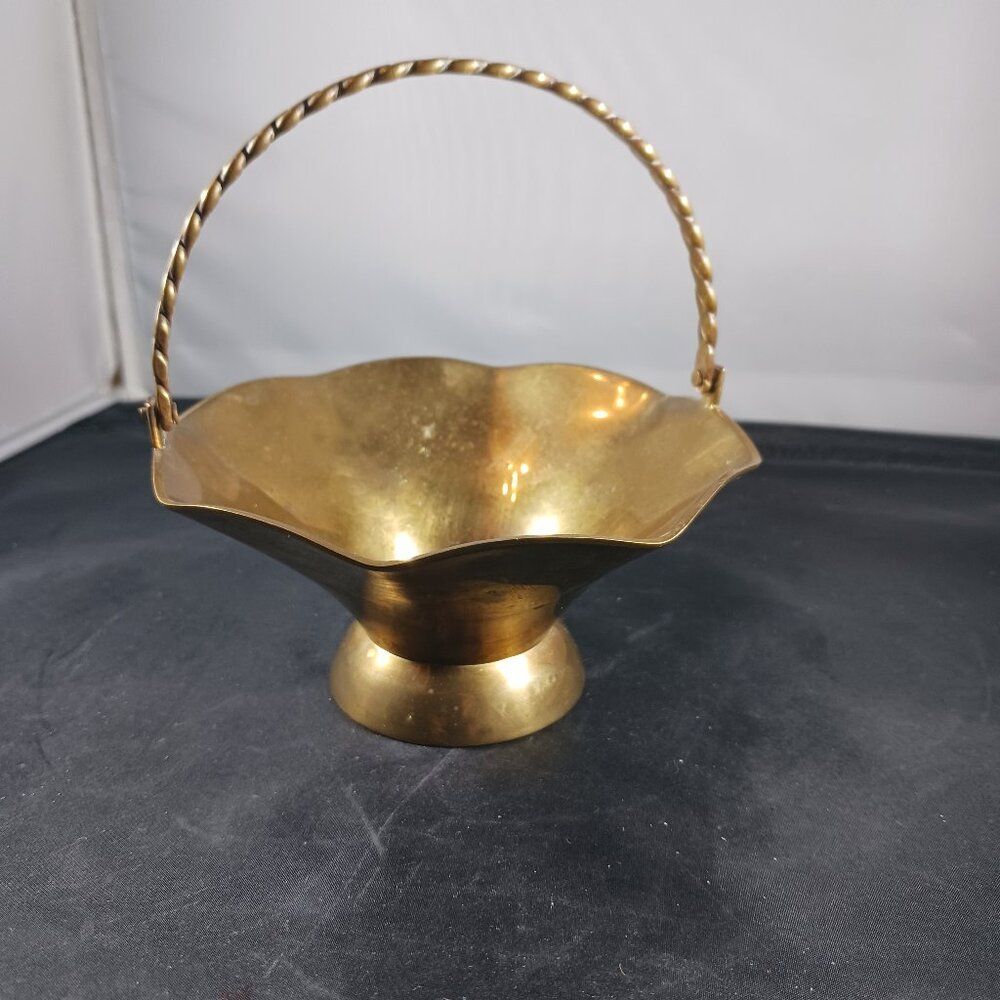 Vintage Small Solid Brass Basket with Handle